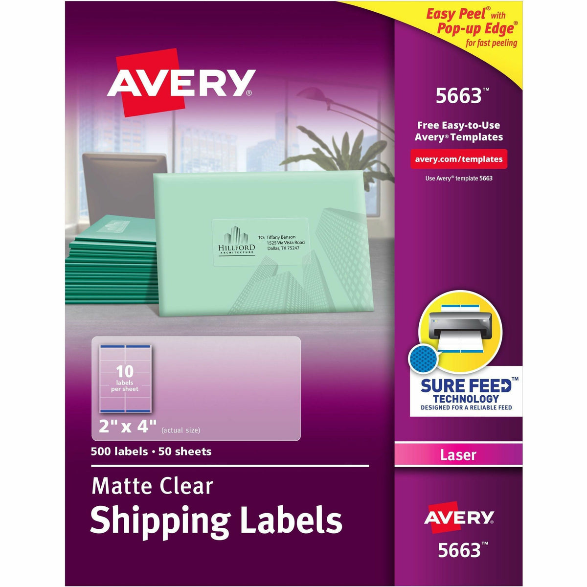Avery® Clear Shipping Labels, Sure Feed, 2" x 4" , 500 Labels (5663) - 2" Width x 4" Length - Permanent Adhesive - Recta