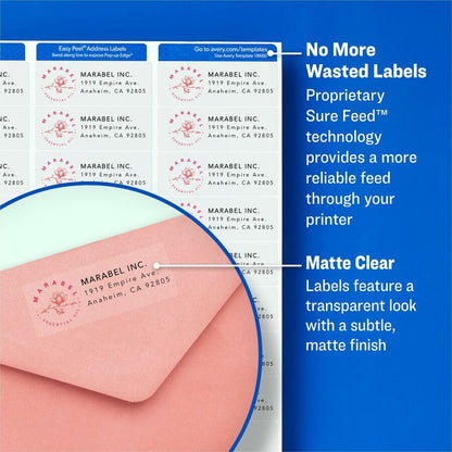 Avery® Easy Peel Return Address Labels - 1 21/64" Width x 4" Length - Permanent Adhesive - Rectangle - Laser - Clear - F