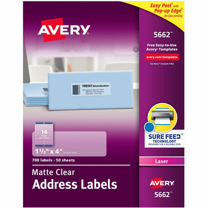 Avery® Easy Peel Return Address Labels - 1 21/64" Width x 4" Length - Permanent Adhesive - Rectangle - Laser - Clear - F