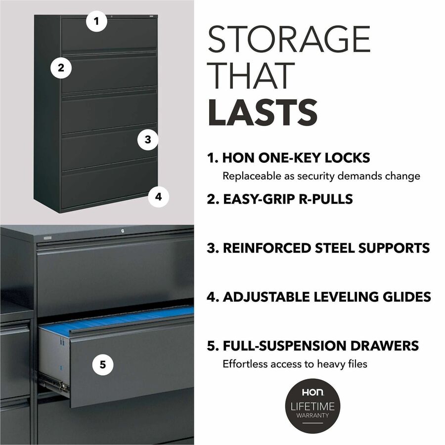 HON Brigade 800 Series 5-Drawer Lateral - 42" Width x 18" Depth x 64.2" Height - 2 x Shelf(ves) - 5 x Drawer(s) for File
