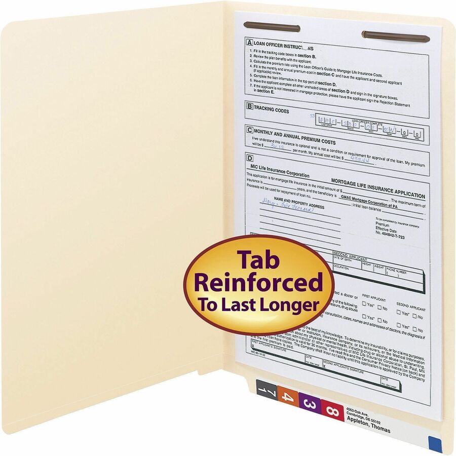 Smead Straight Tab Cut Legal Recycled Fastener Folder - 8 1/2" x 14" - 3/4" Expansion - 1 x 2B Fastener - 2" for Folder 