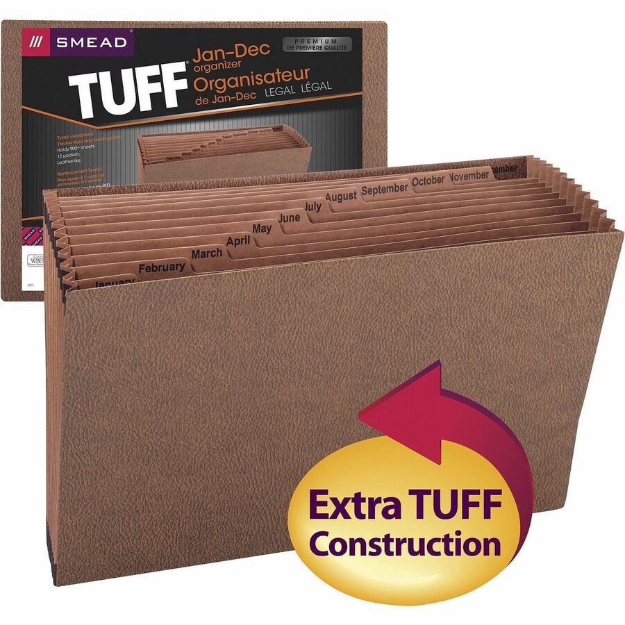 Smead TUFF Legal Recycled Expanding File - 8 1/2" x 14" - 7/8" Expansion - 12 Pocket - Redrope - Tear Resistant, Reinfor