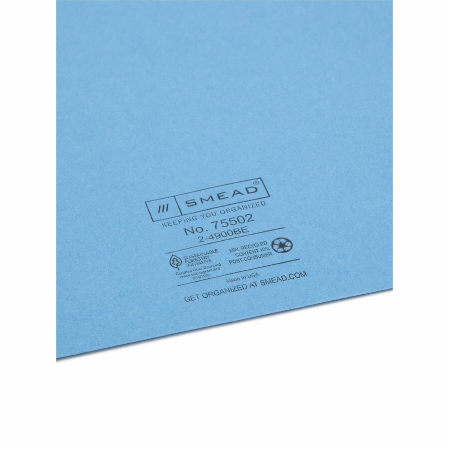 Smead Colored Straight Tab Cut Letter Recycled File Jacket - 8 1/2" x 11" - 11 pt. - 2 Plys - Blue - Slip Resistant, Rei