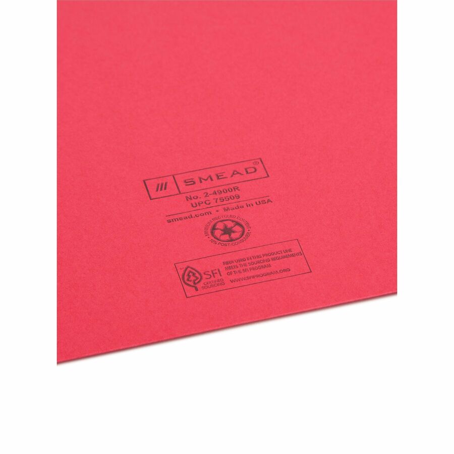 Smead Colored Straight Tab Cut Letter Recycled File Jacket - 8 1/2" x 11" - 11 pt. - 2 Plys - Red - Slip Resistant, Rein