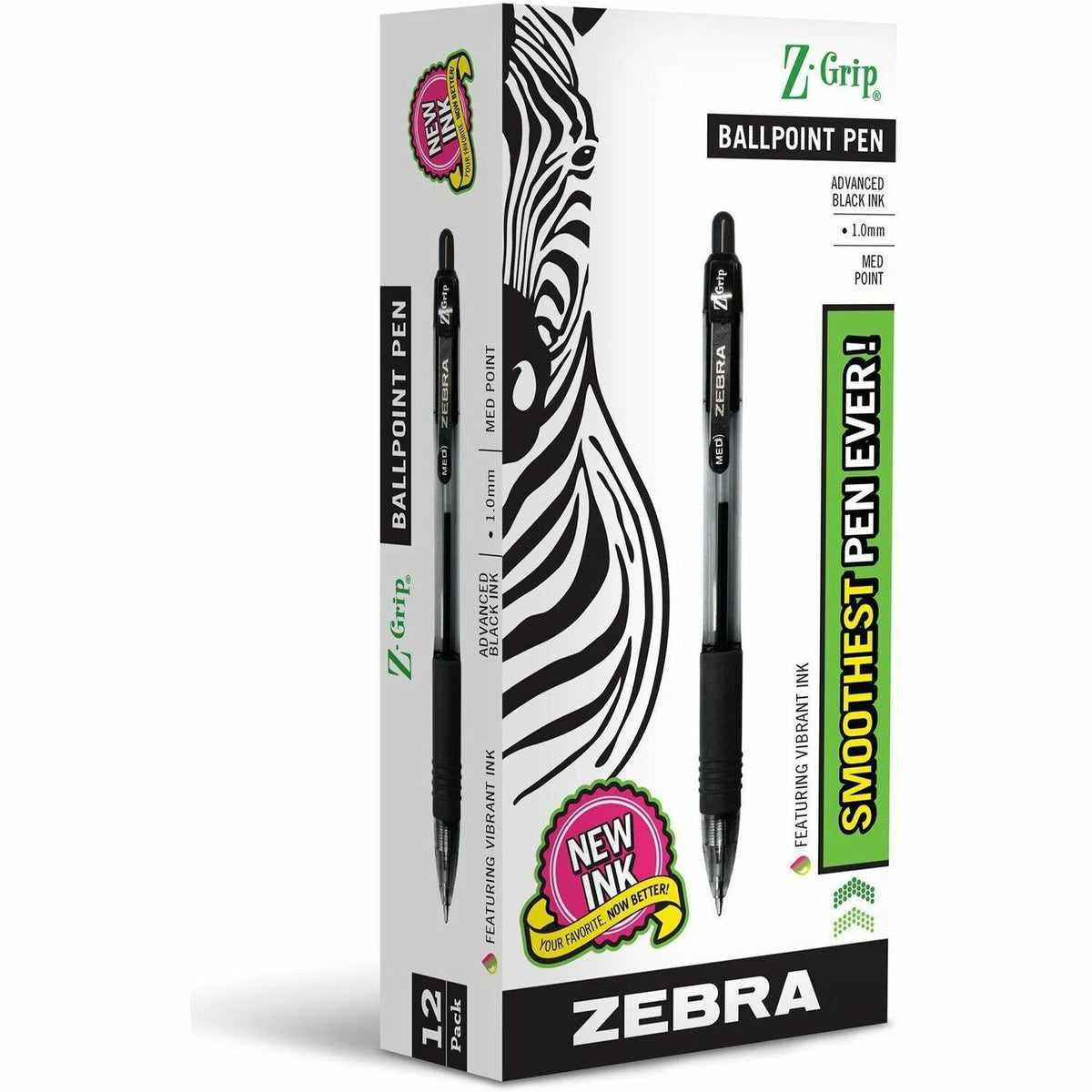 Zebra Z-Grip Retractable Ballpoint Pens - 1 mm Medium Pen Point - Retractable - Black Ink - Black Barrel - 12 / Dozen