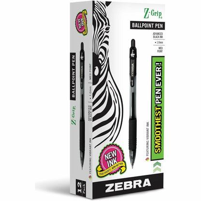 Zebra Z-Grip Retractable Ballpoint Pens - 1 mm Medium Pen Point - Retractable - Black Ink - Black Barrel - 12 / Dozen