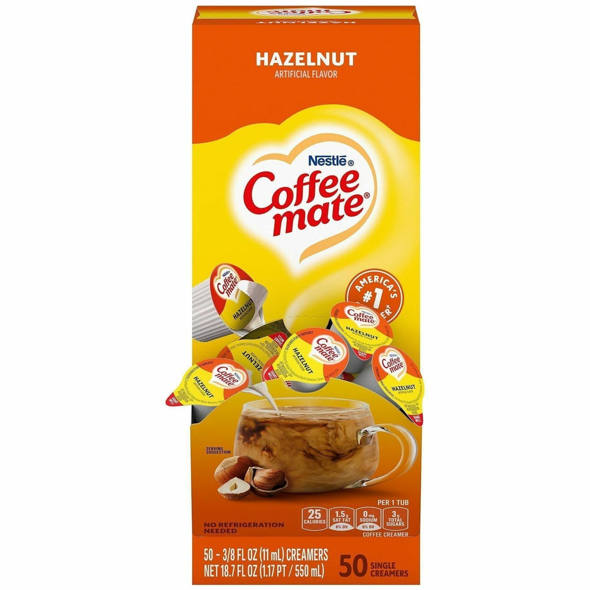 Coffee mate Hazelnut Nondairy Liquid Creamer Singles - Artificial Hazelnut Flavor - 0.38 fl oz (11 mL) - 50 Serving - 50