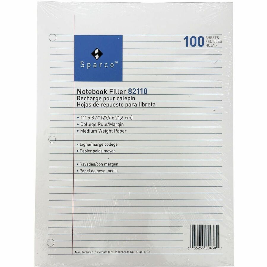 Sparco Notebook Filler Paper - Letter - 100 Sheets - Ruled Red Margin - 16 lb Basis Weight - Letter - 8 1/2" x 11" Sheet
