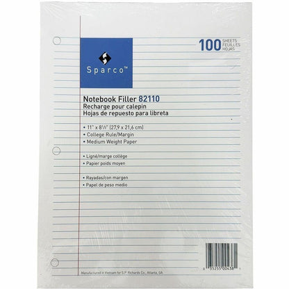 Sparco Notebook Filler Paper - Letter - 100 Sheets - Ruled Red Margin - 16 lb Basis Weight - Letter - 8 1/2" x 11" Sheet