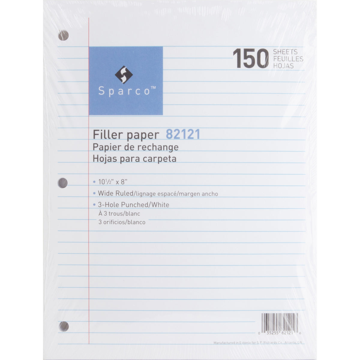 Sparco 3HP Filler Paper - 150 Sheets - Wide Ruled Front Ruling - 16 lb Basis Weight - 8" x 10 1/2" Sheet Size - White Pa