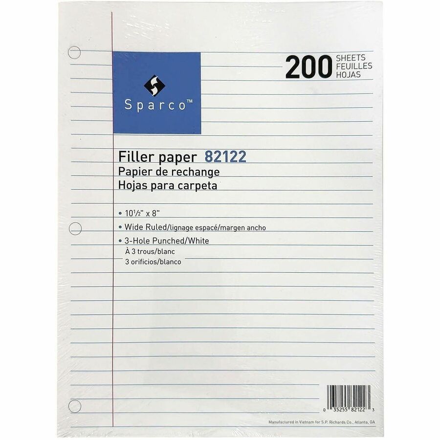 Sparco 3-hole Punched Filler Paper - 200 Sheets - Wide Ruled Front Ruling - Ruled Red Margin - 16 lb Basis Weight - 200 