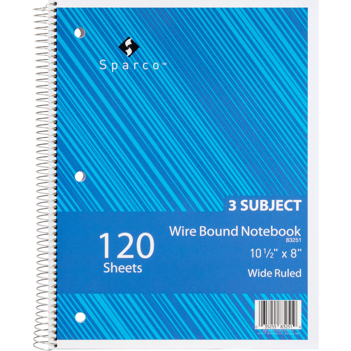 Sparco Quality 3HP Notebook - 3 Subject(s) - 120 Sheets - Wire Bound - Wide Ruled Front Ruling - Unruled Margin - 16 lb 
