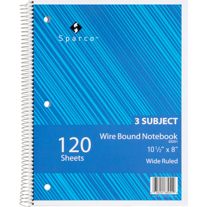 Sparco Quality 3HP Notebook - 3 Subject(s) - 120 Sheets - Wire Bound - Wide Ruled Front Ruling - Unruled Margin - 16 lb 