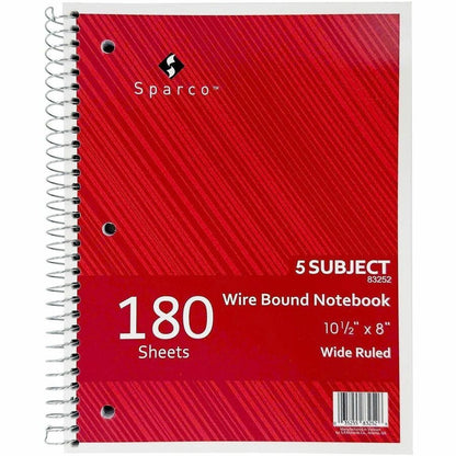 Sparco Quality 3HP Notebook - 5 Subject(s) - 180 Sheets - Wire Bound - Wide Ruled Front Ruling - Unruled Margin - 16 lb 