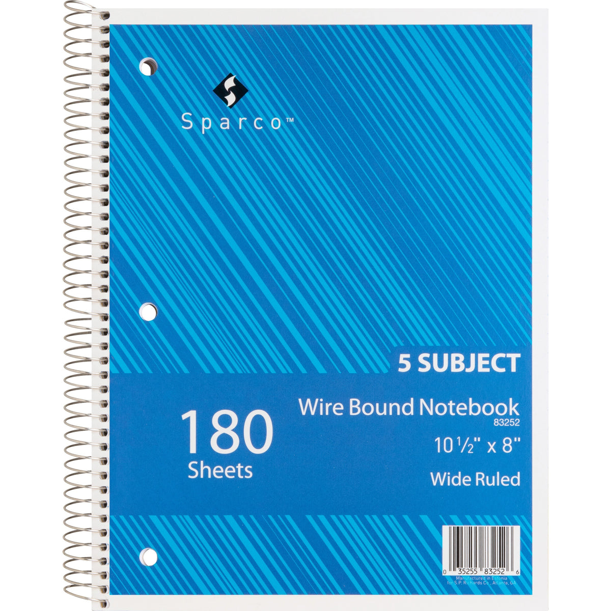 Sparco Quality 3HP Notebook - 5 Subject(s) - 180 Sheets - Wire Bound - Wide Ruled Front Ruling - Unruled Margin - 16 lb 
