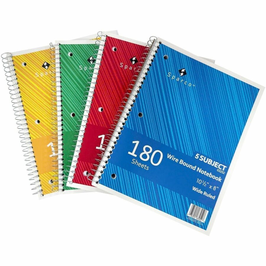 Sparco Quality 3HP Notebook - 5 Subject(s) - 180 Sheets - Wire Bound - Wide Ruled Front Ruling - Unruled Margin - 16 lb 