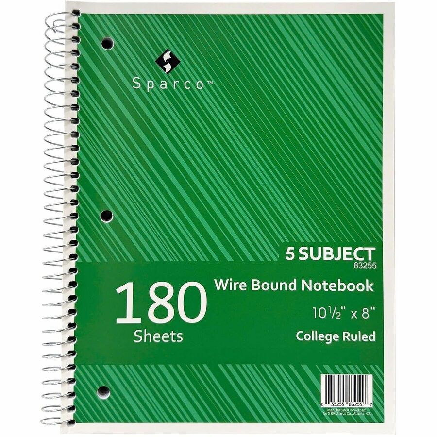 Sparco Wirebound College Ruled Notebooks - 180 Sheets - Wire Bound - College Ruled Front Ruling - Unruled Margin - 8" x 