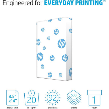 HP Papers Office20 Paper - White - 92 Brightness - Legal - 8 1/2" x 14" - 20 lb Basis Weight - FSC - Smear Resistant, Qu