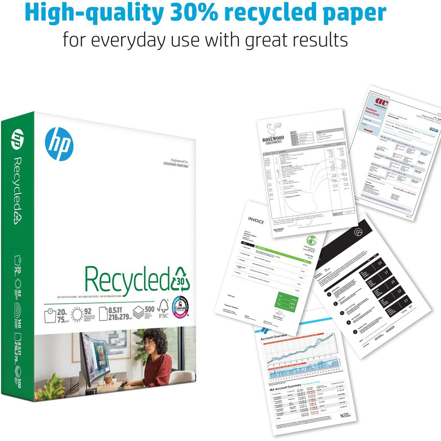 HP Papers Recycled30 Paper - White - 92 Brightness - Letter - 8 1/2" x 11" - 20 lb Basis Weight - FSC - Quick Drying, Sm