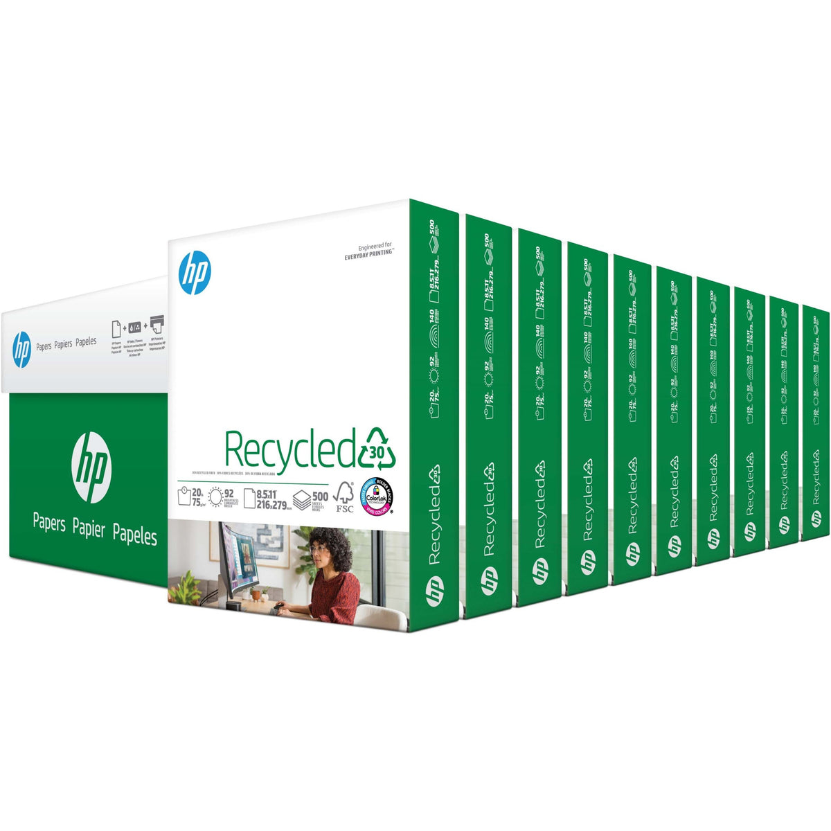 HP Papers Recycled30 Paper - White - 92 Brightness - Letter - 8 1/2" x 11" - 20 lb Basis Weight - FSC - Quick Drying, Sm