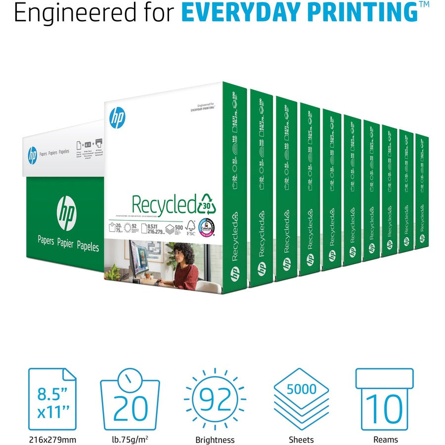 HP Papers Recycled30 Paper - White - 92 Brightness - Letter - 8 1/2" x 11" - 20 lb Basis Weight - FSC - Quick Drying, Sm