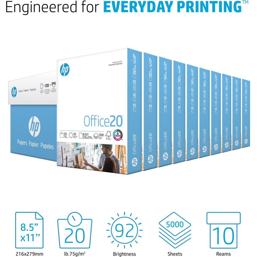 HP Office20 Paper - White - 92 Brightness - Letter - 8 1/2" x 11" - 20 lb Basis Weight - FSC - Smear Resistant, Quick Dr