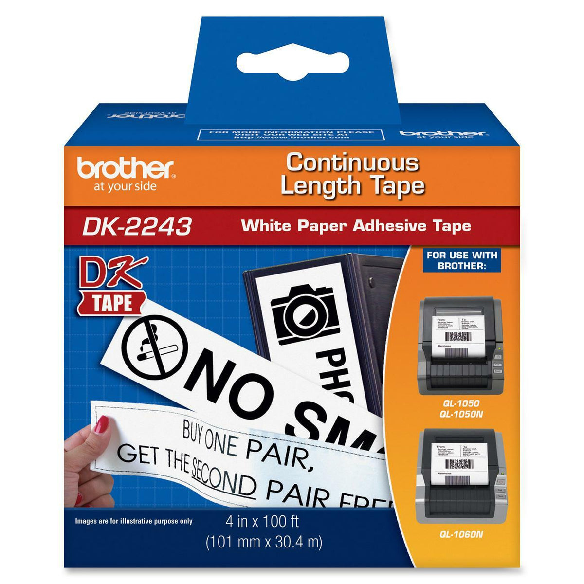 Brother DK2243 Continuous Length Paper Labels - x 4" Width - Direct Thermal - White - Paper - 1 Box