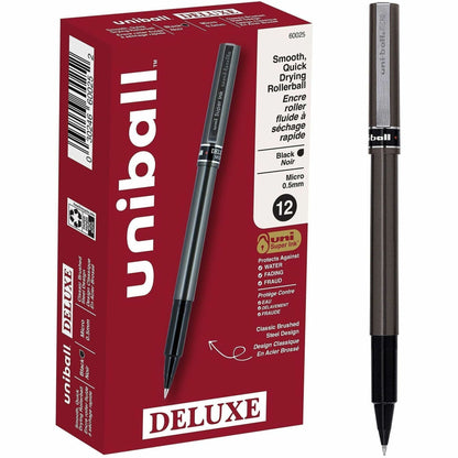 uniball™ Deluxe Rollerball Pens - 0.5 mm Pen Point - Black Ink - Silver Barrel - Stainless Steel Tip - 12 / Dozen