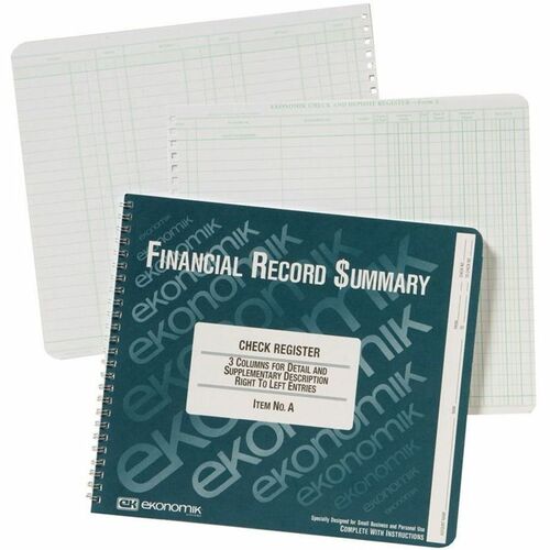 Ekonomik Check / Deposit Register - 40 Sheet(s) - Wire Bound - 10" x 8.75" Sheet Size - White Sheet(s) - Green Print Col
