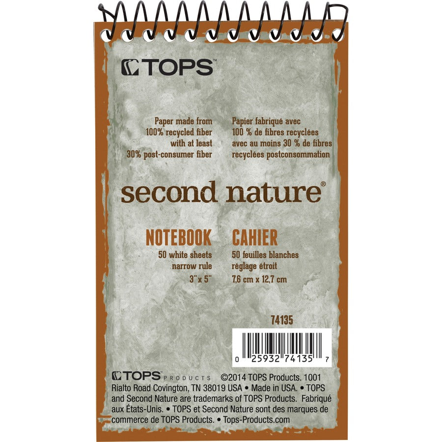 TOPS Second Nature Narrow Ruled Notebooks - 50 Sheets - Spiral - 3" x 5" Sheet Size - White Paper - Recycled - 1 Each