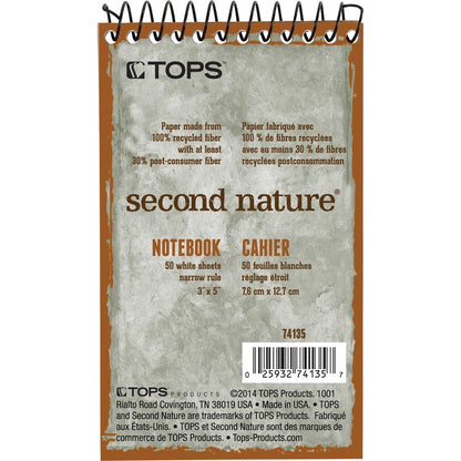 TOPS Second Nature Narrow Ruled Notebooks - 50 Sheets - Spiral - 3" x 5" Sheet Size - White Paper - Recycled - 1 Each