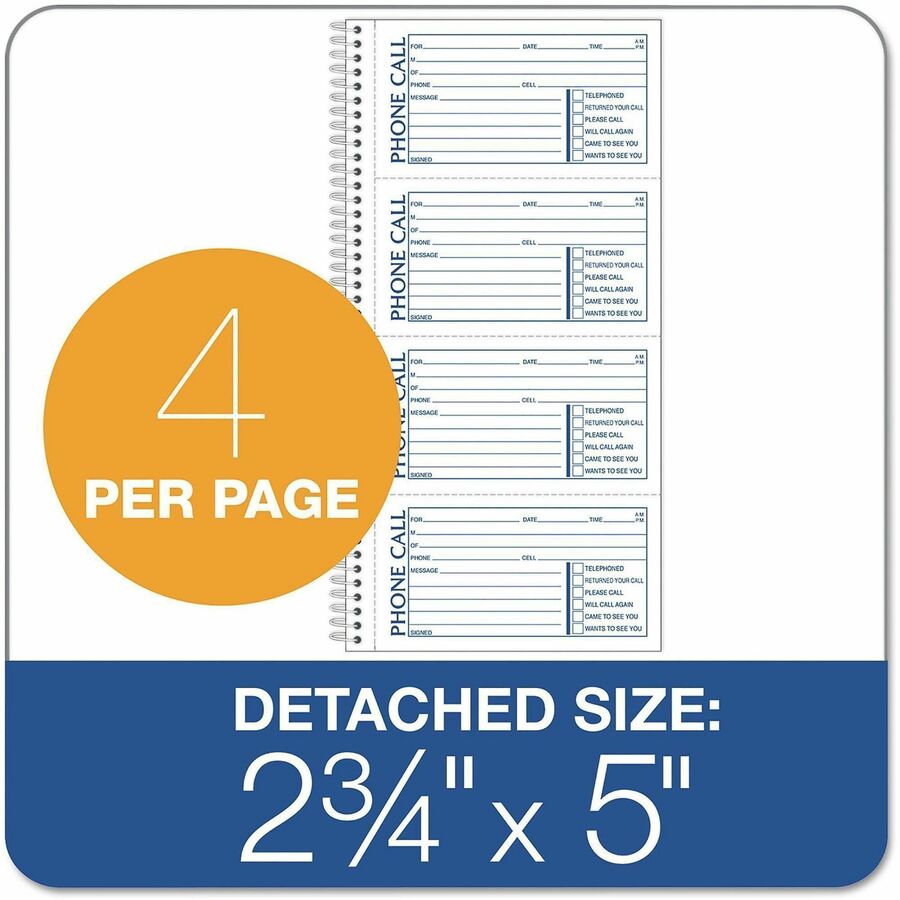 TOPS Telephone Message Book - Spiral Bound - 2 Part - Carbonless Copy - 2.75" x 5" Form Size - 11" x 5.50" Sheet Size - 