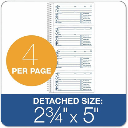 TOPS Telephone Message Book - Spiral Bound - 2 Part - Carbonless Copy - 2.75" x 5" Form Size - 11" x 5.50" Sheet Size - 