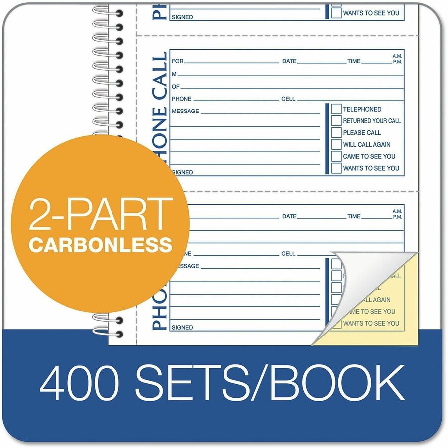 TOPS Telephone Message Book - Spiral Bound - 2 Part - Carbonless Copy - 2.75" x 5" Form Size - 11" x 5.50" Sheet Size - 