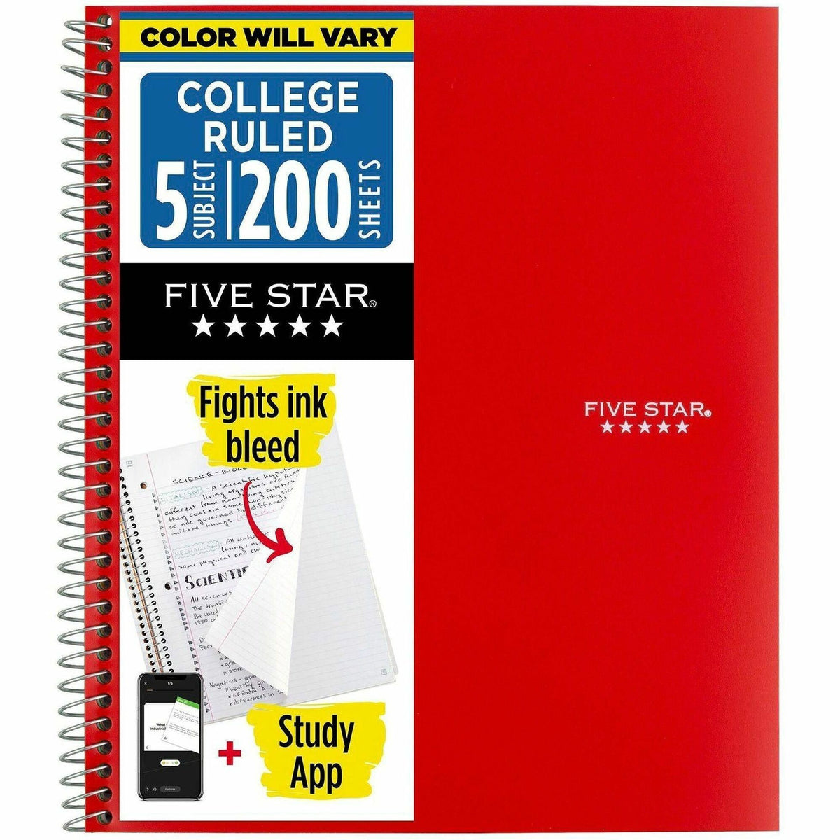 Mead Five-Star Wirebound 5-Subject Notebook - 200 Sheets - Wire Bound - 11" x 8 1/2" Sheet Size - White Paper - Assorted