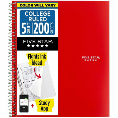 Mead Five-Star Wirebound 5-Subject Notebook - 200 Sheets - Wire Bound - 11" x 8 1/2" Sheet Size - White Paper - Assorted