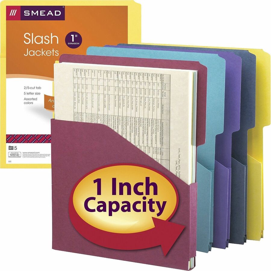 Smead Organized Up 2/5 Tab Cut Letter Recycled File Jacket - 8 1/2" x 11" - 1" Expansion - 11 pt. - Assorted - Unpunched