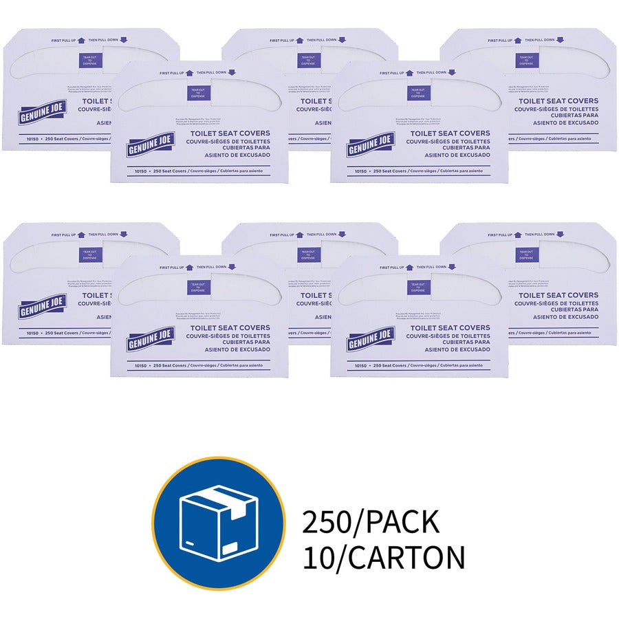 Genuine Joe Half-fold Toilet Seat Covers - Half-fold - For Public Toilet - White - 250/Pack - 10 / Carton