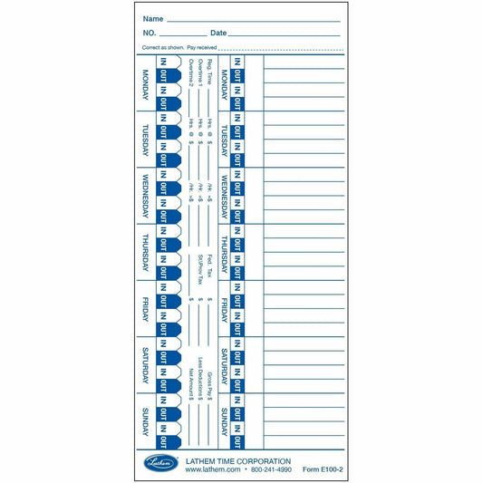 Lathem Universal Time Cards - 100 Sheet(s) - 4" x 9" Sheet Size - White - White Sheet(s) - 100 / Pack