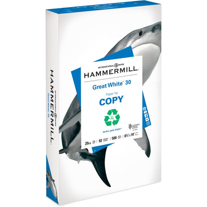 Hammermill Great White Recycled Copy Paper - White - 92 Brightness - Legal - 8 1/2" x 14" - 20 lb Basis Weight - 500 / R