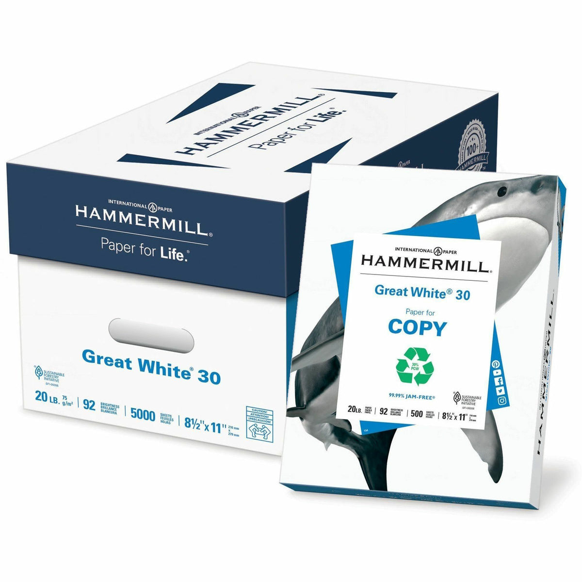 Hammermill Great White Recycled Copy Paper - White - 92 Brightness - Letter - 8 1/2" x 11" - 20 lb Basis Weight - 10 / C