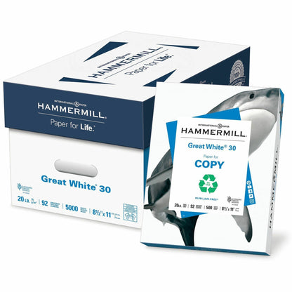 Hammermill Great White Recycled Copy Paper - White - 92 Brightness - Letter - 8 1/2" x 11" - 20 lb Basis Weight - 10 / C