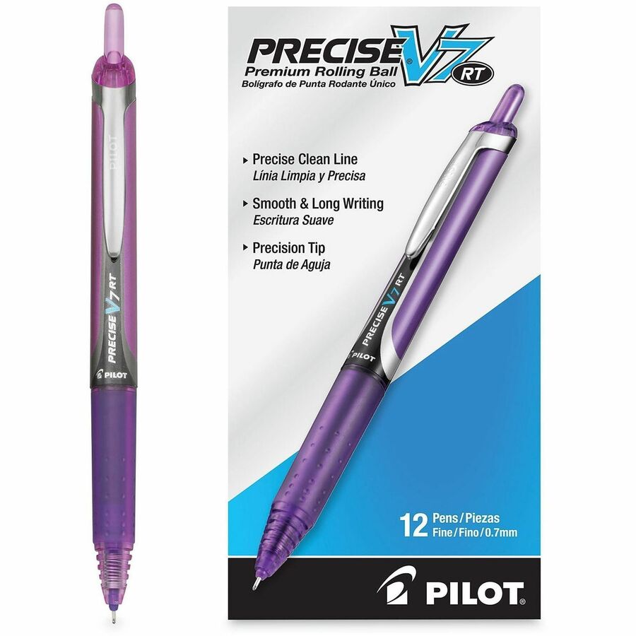 Pilot Precise V7 RT Fine Premium Retractable Rolling Ball Pens - 0.7 mm Fine Pen Point - Refillable - Retractable - Purp