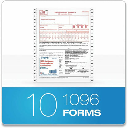 TOPS 1096 Tax Form - 2 Part - Carbonless Copy - 8.50" x 11" Sheet Size - White - White Sheet(s) - 10 / Pack