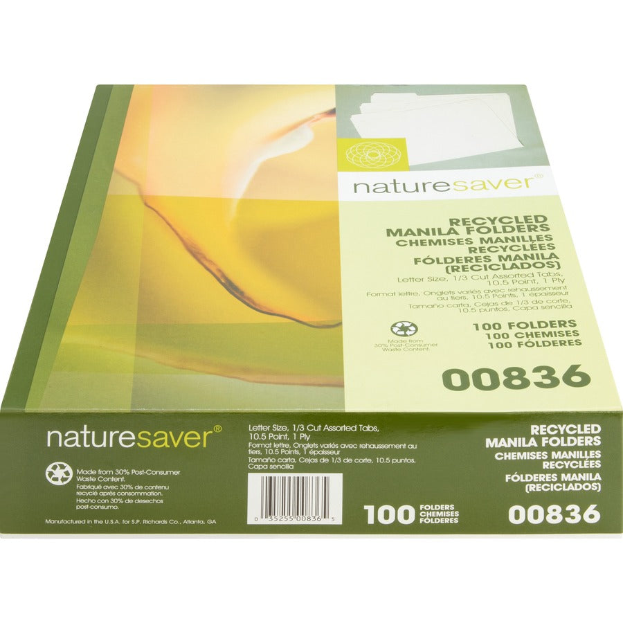 Nature Saver 1/3 Tab Cut Letter Recycled Top Tab File Folder - 8 1/2" x 11" - 3/4" Expansion - Top Tab Location - Assort
