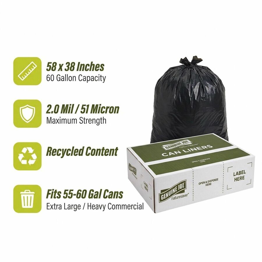 Nature Saver Black Low-density Recycled Can Liners - Extra Large Size - 60 gal Capacity - 1 Carton