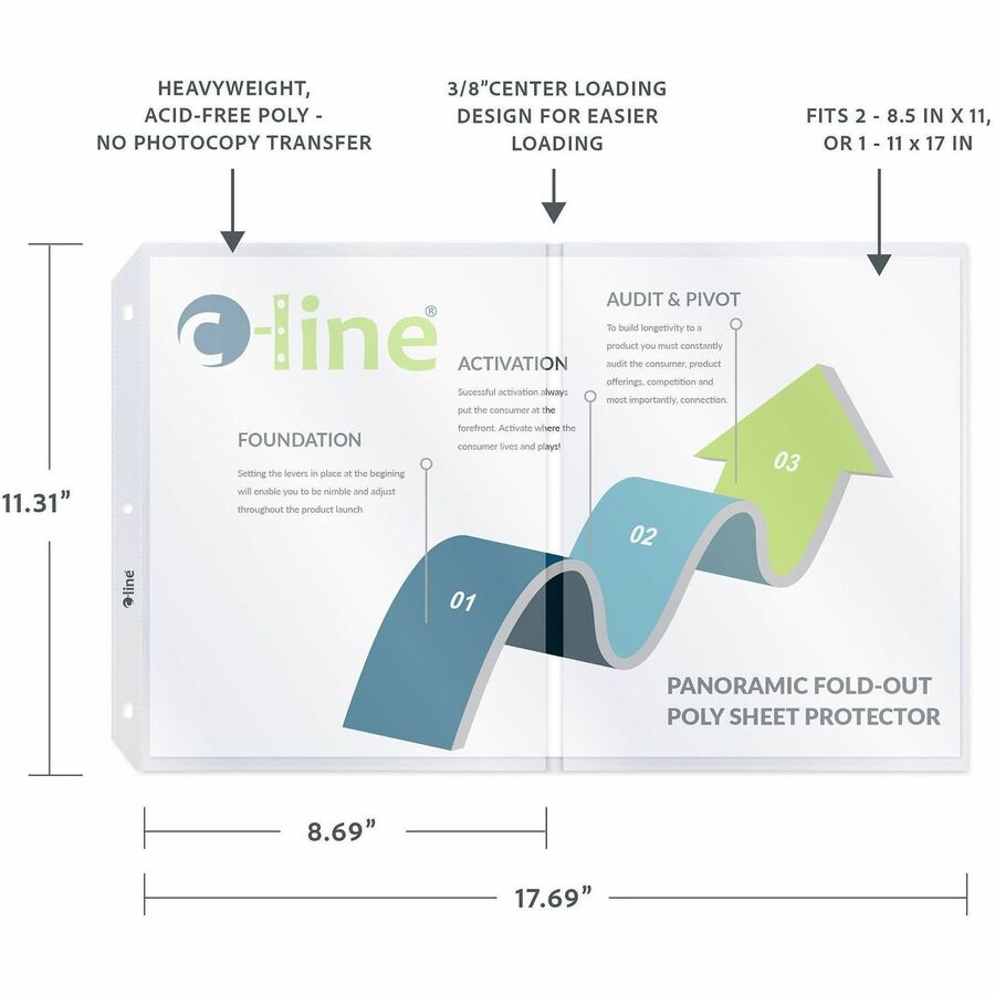 C-Line Panoramic Fold-Out Sheet Protectors - For 11" x 17" , Letter 8 1/2" x 11" Sheet - Clear - Polypropylene - 25 / Bo