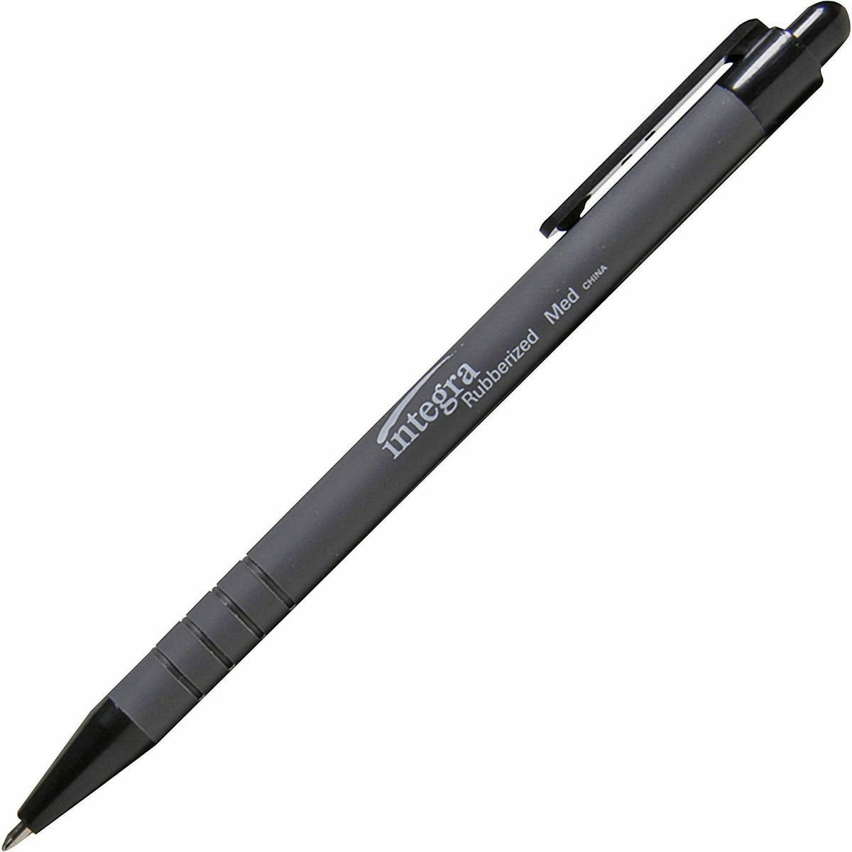Integra Rubber Barrel Retractable Ballpoint Pens - 1 mm Medium Pen Point - Retractable - Black Ink - Rubber Barrel - 12 