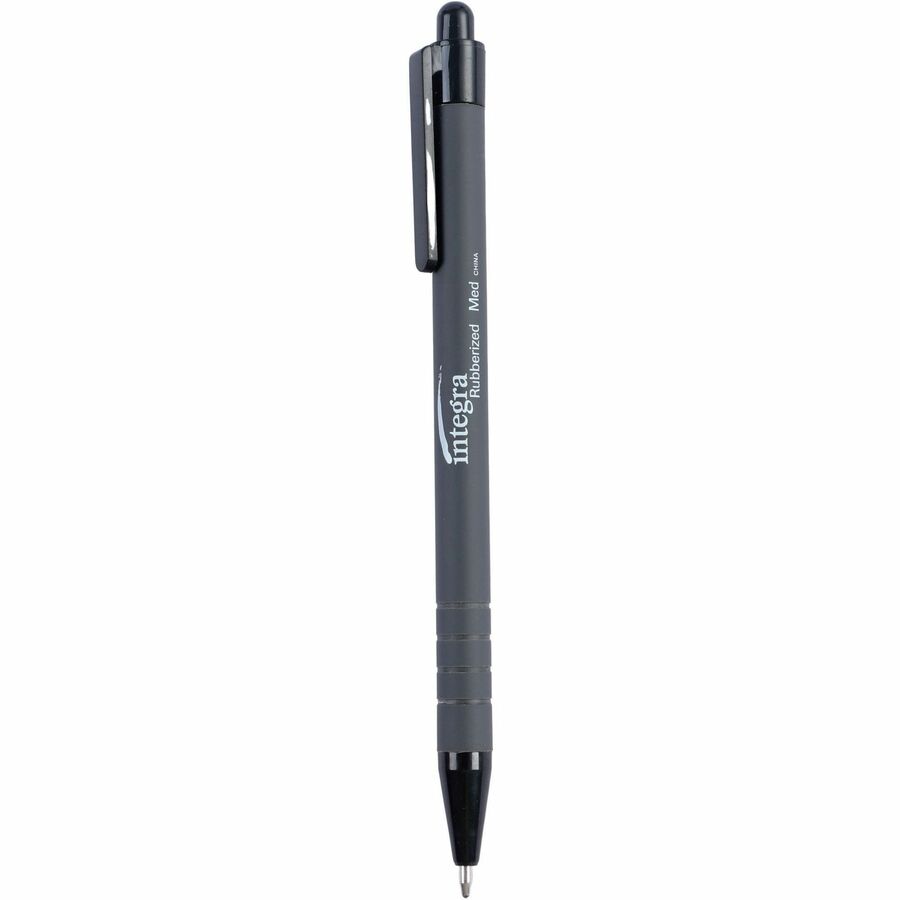 Integra Rubber Barrel Retractable Ballpoint Pens - 1 mm Medium Pen Point - Retractable - Black Ink - Rubber Barrel - 12 