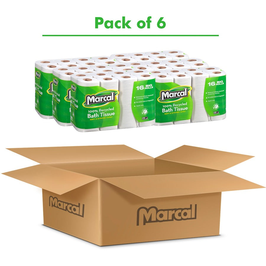 Marcal 100% Recycled Soft/Strong Bath Tissue - 2 Ply - 4.20" Width x 3.60" Length - 168 Sheets/Roll - White - 16 Rolls P